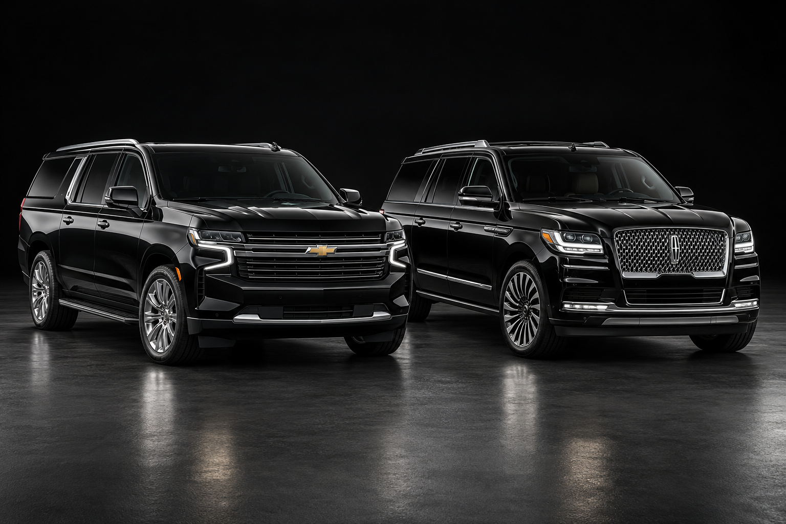 Black Chevrolet Suburban and Lincoln Navigator together