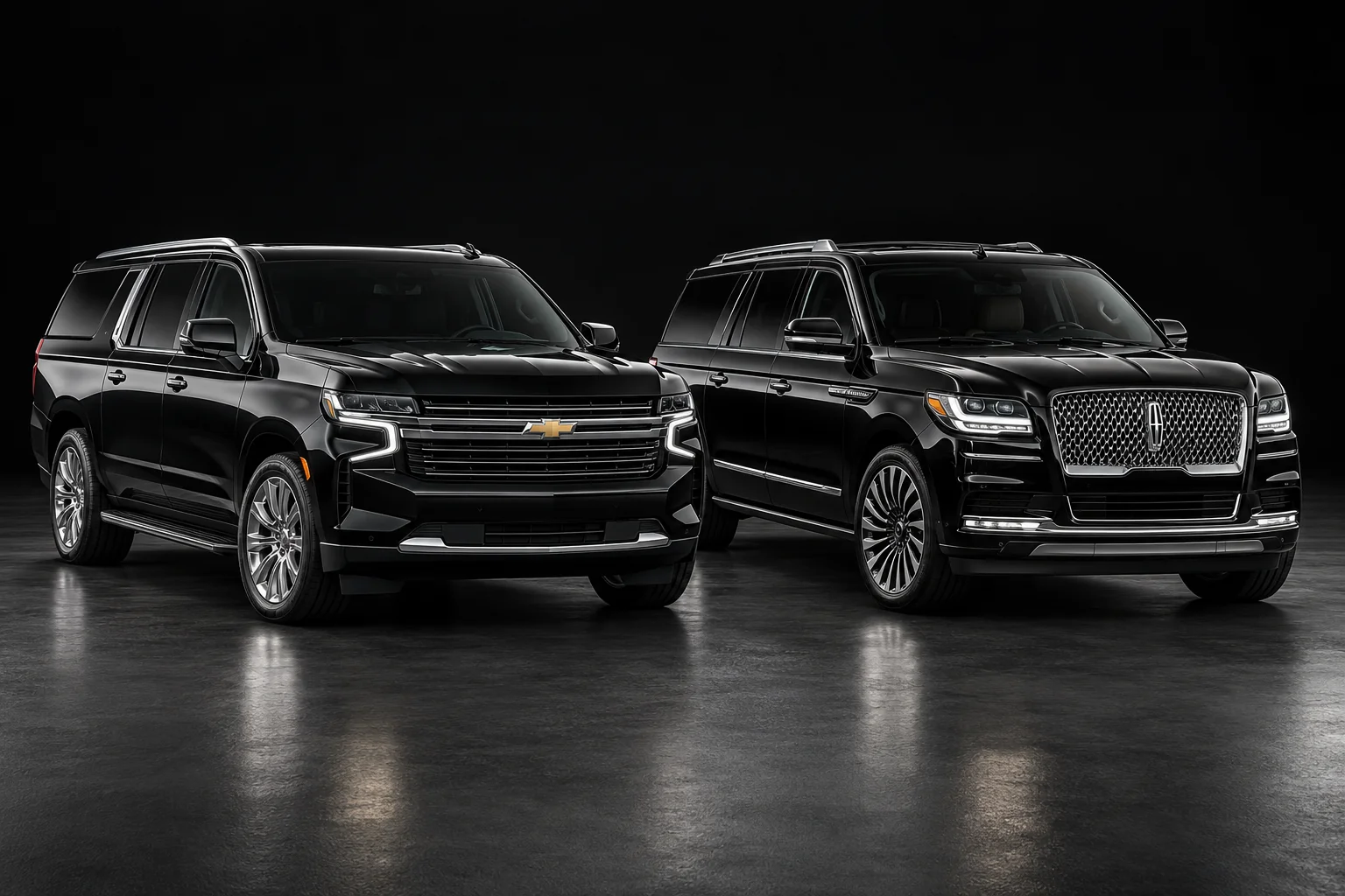 Black Chevrolet Suburban and Lincoln Navigator together