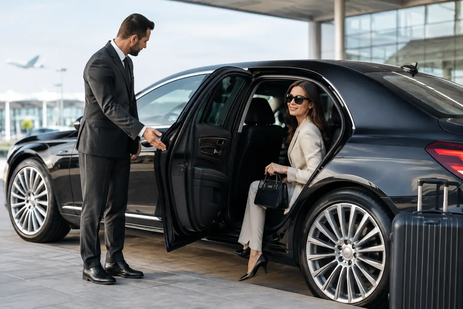 Chauffeur welcoming a passenger into a black luxury sedan at an airport